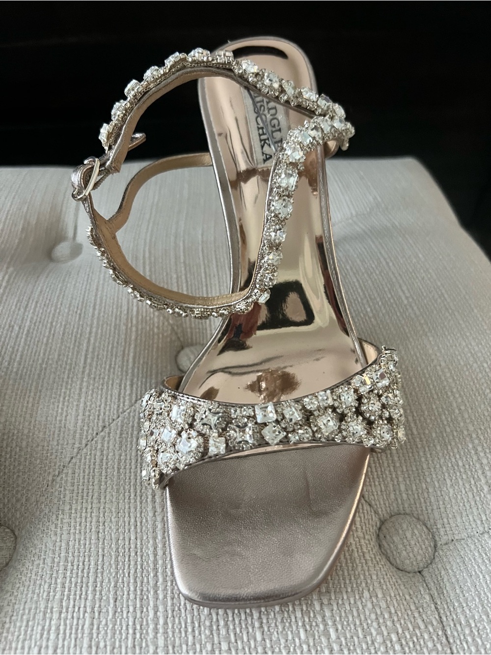 Badgley Mischka Rose Gold Crystal-Strap Heeled Sandals - Picture 4 of 7